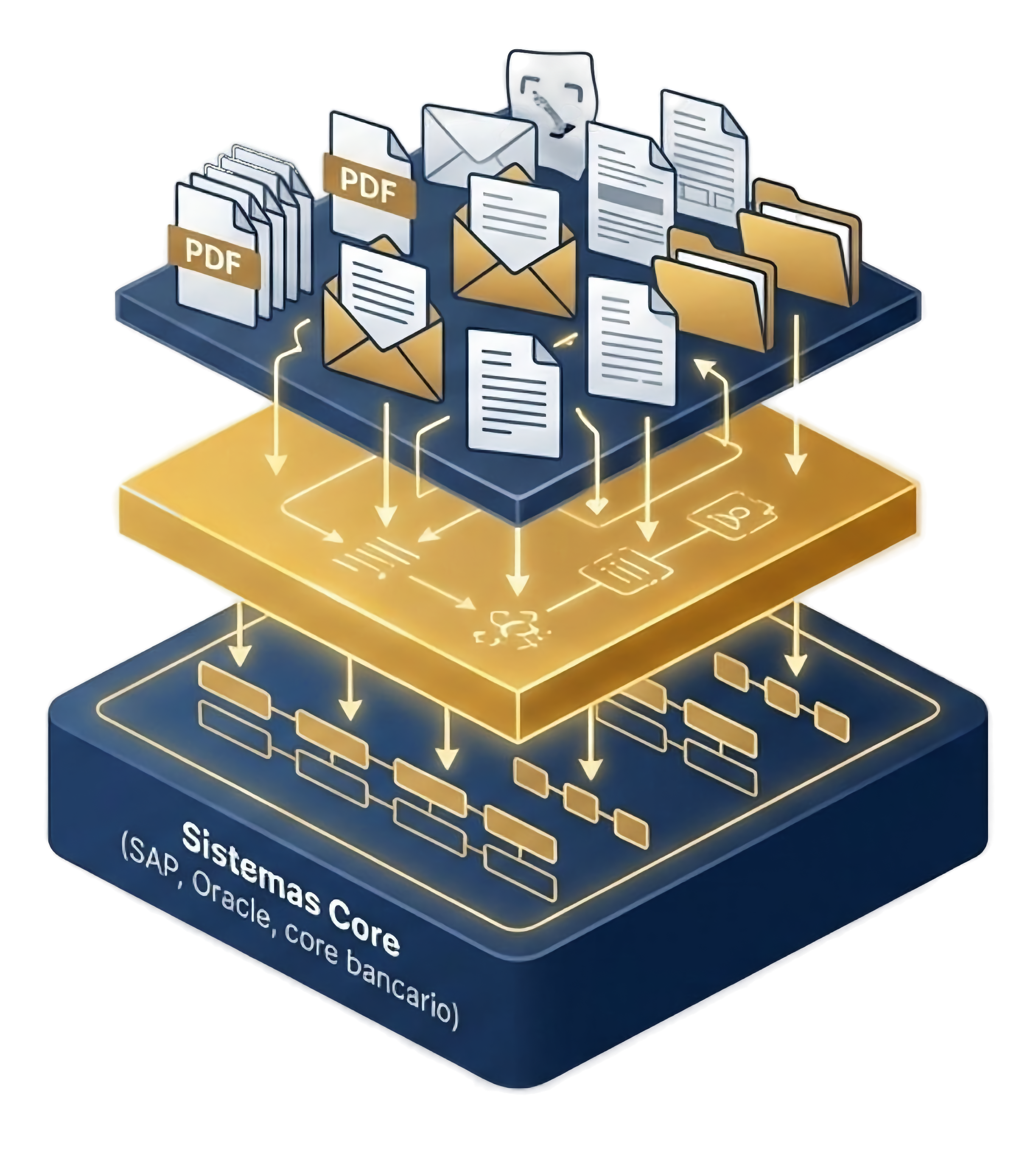 Diagrama de arquitectura de la capa middleware de DIP mostrando entradas de documentos, capa de inteligencia y sistemas core